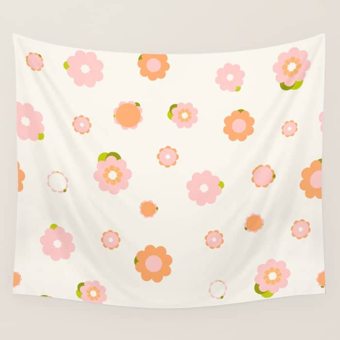 Peach Pink And Orange Flowers Pattern Wall Tapestry