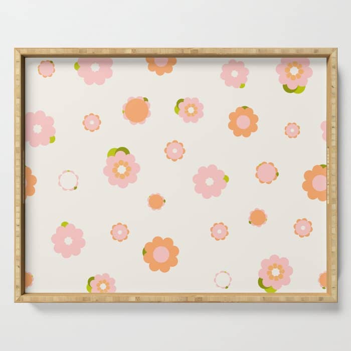 Peach Pink And Orange Flowers Pattern Serving Tray