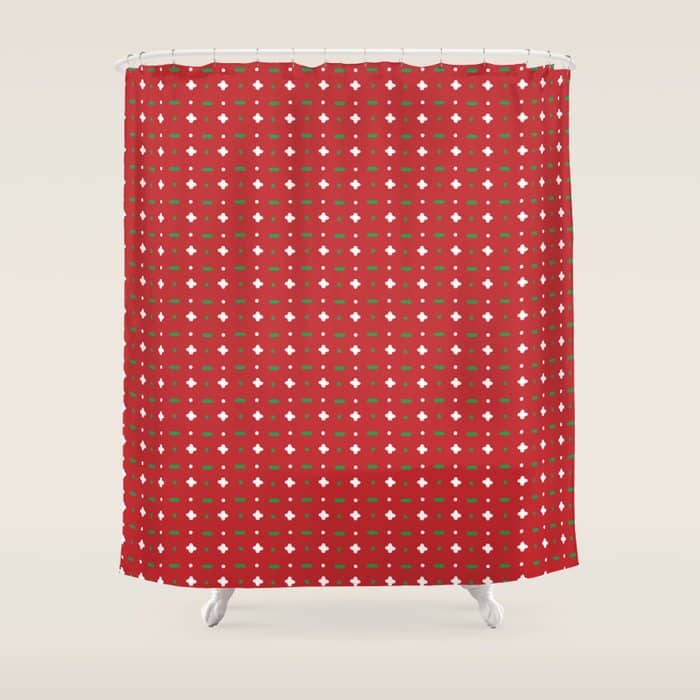 Christmas Vector Green And White Horizontal And Vertical Stitches Aligned On Red Background Seamless Shower Curtain