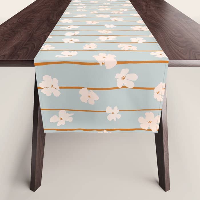 Peach Flowers On Green And Orange Vertical Stripes Background Pattern Table Runner