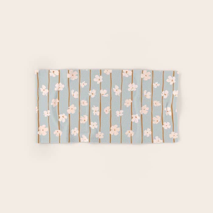 Peach Flowers On Green And Orange Vertical Stripes Background Pattern Bath Towel