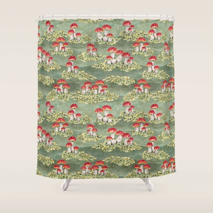 Watercolor Moss And Mushroom Mosaic Pattern Shower Curtain