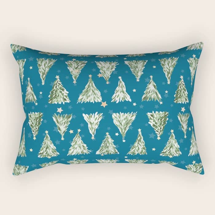 Holiday Christmas Tree Over Blue Peacock Pattern Rectangular Pillow