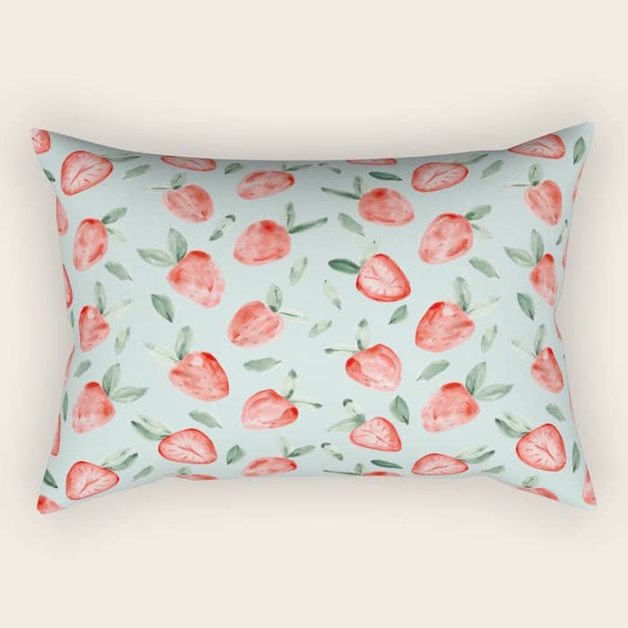 Watercolor Painting Of Tropical Strawberries On Light Greenish Blue Pattern Rectangular Pillow