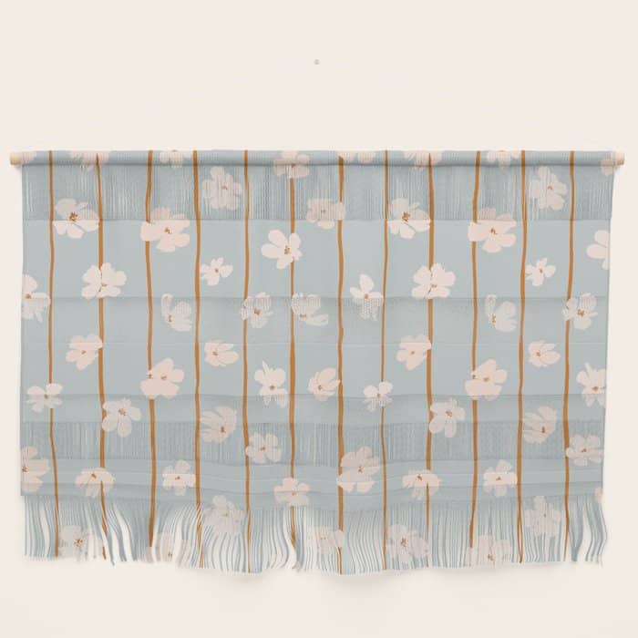 Peach Flowers On Green And Orange Vertical Stripes Background Pattern Wall Hanging