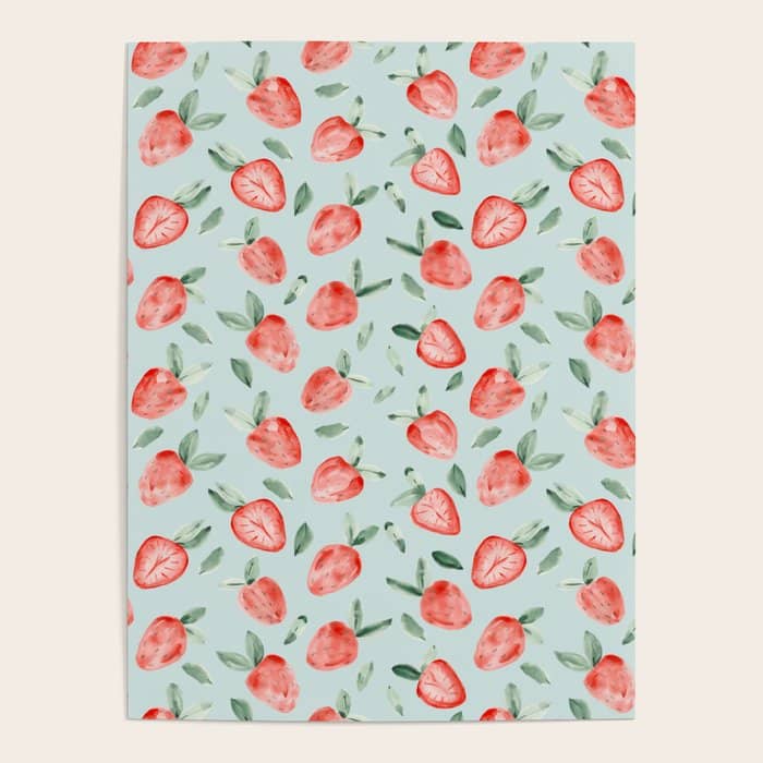 Watercolor Painting Of Tropical Strawberries On Light Greenish Blue Pattern Poster