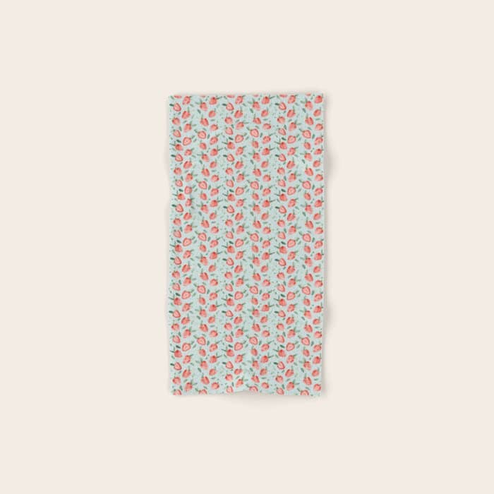 Watercolor Painting Of Tropical Strawberries On Light Greenish Blue Pattern Bath Towel
