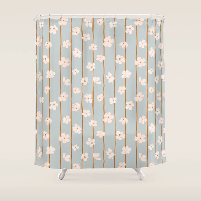 Peach Flowers On Green And Orange Vertical Stripes Background Pattern Shower Curtain