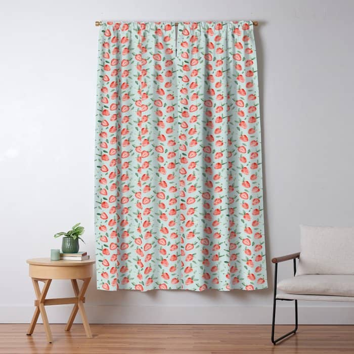 Watercolor Painting Of Tropical Strawberries On Light Greenish Blue Pattern Window Curtain
