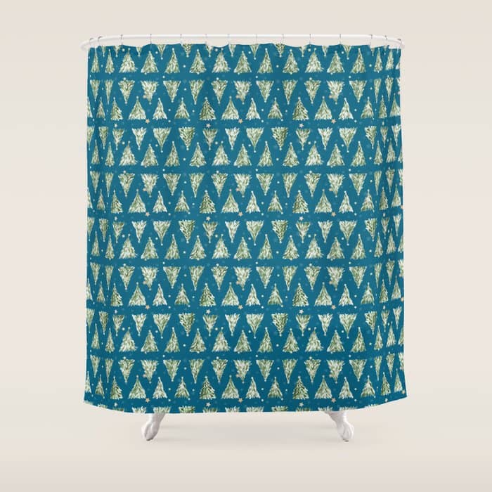 Holiday Christmas Tree Over Blue Peacock Pattern Shower Curtain