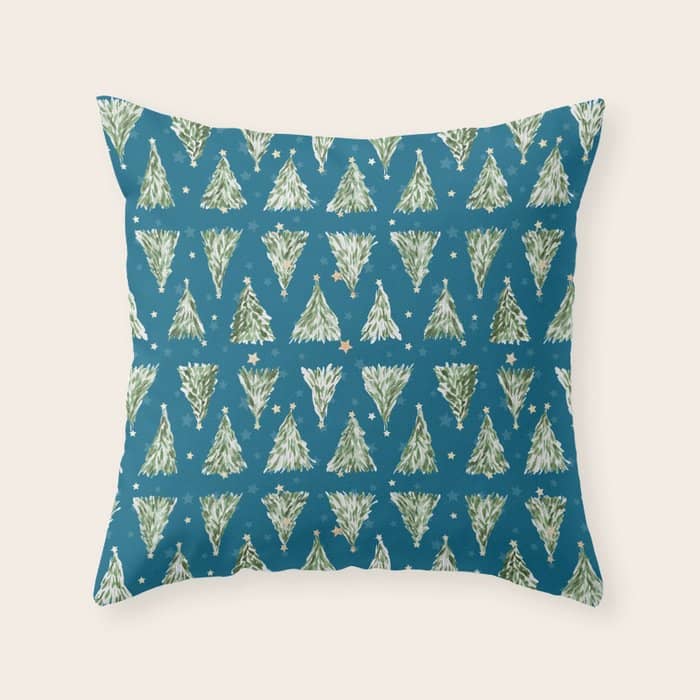 Holiday Christmas Tree Over Blue Peacock Pattern Throw Pillow