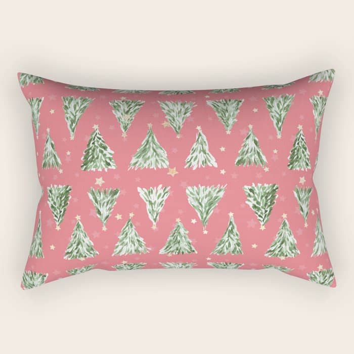 Holiday Christmas Tree Over Pink Watermelon Pattern Rectangular Pillow