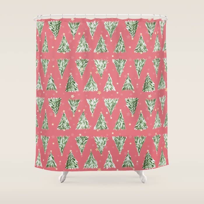 Holiday Christmas Tree Over Pink Watermelon Pattern Shower Curtain