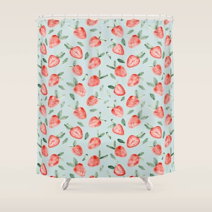 Watercolor Painting Of Tropical Strawberries On Light Greenish Blue Pattern Shower Curtain