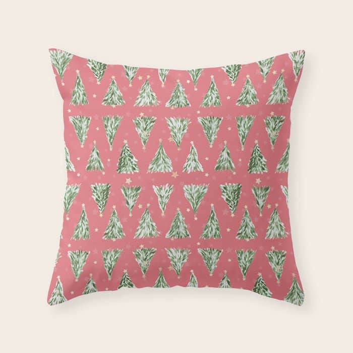 Holiday Christmas Tree Over Pink Watermelon Pattern Throw Pillow