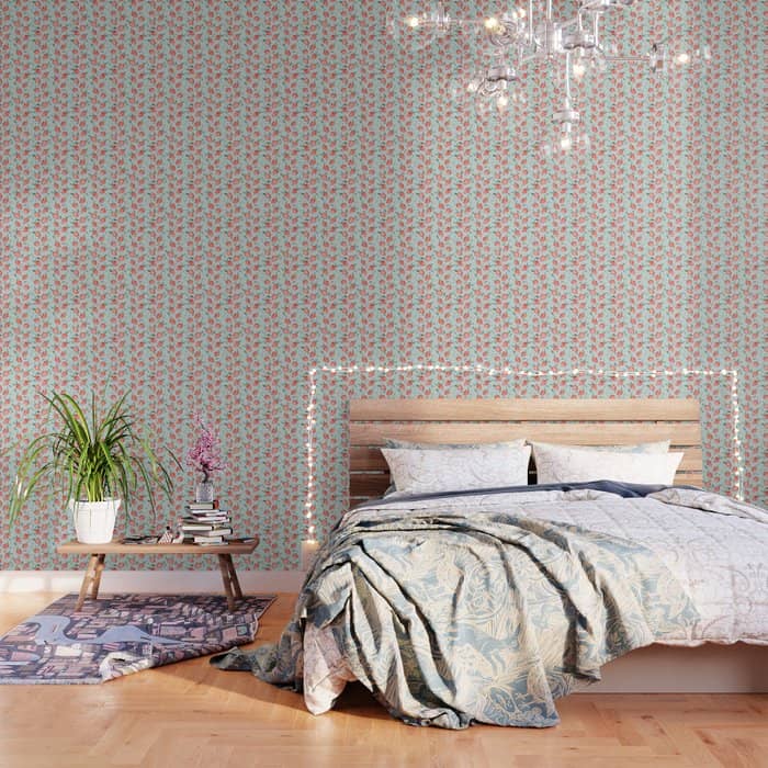 Watercolor Painting Of Tropical Strawberries On Light Greenish Blue Pattern Wallpaper