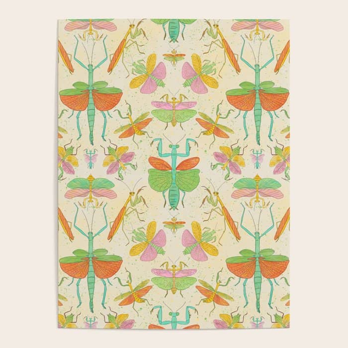 Whimsical Praying Mantis Retro Colors  Poster