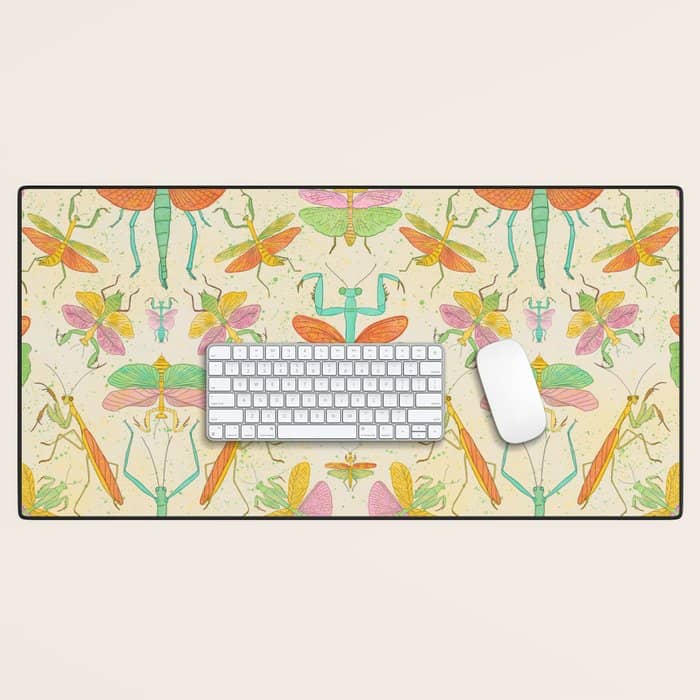 Whimsical Praying Mantis Retro Colors  Desk Mat