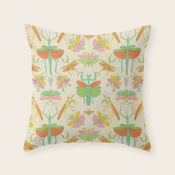 Whimsical Praying Mantis Retro Colors  Throw Pillow
