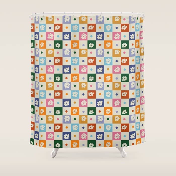 Retro Floral Checkerboard Shower Curtain