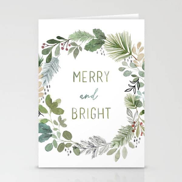 Merry & Bright Watercolor Wreath Stationery Card