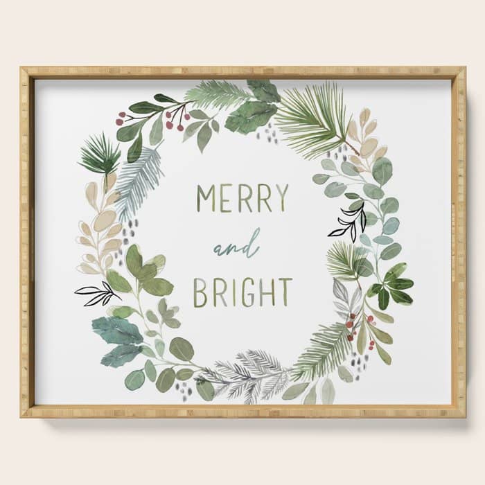 Merry & Bright Watercolor Wreath Serving Tray