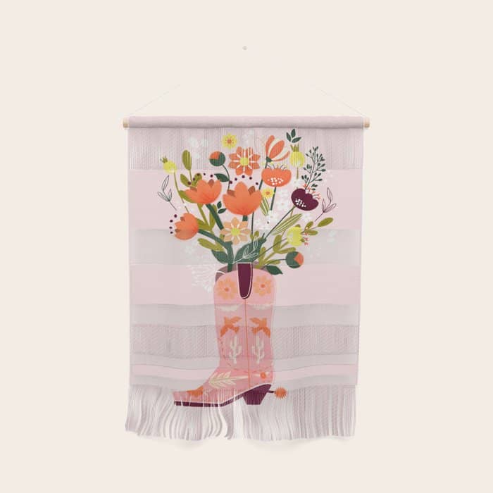 Pink Cowboy Boot And Wild Flower Bouquet Wall Hanging
