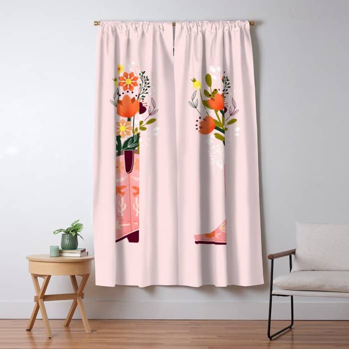 Pink Cowboy Boot And Wild Flower Bouquet Window Curtain
