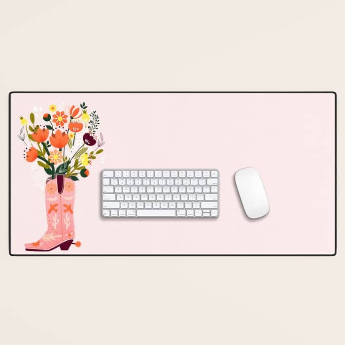 Pink Cowboy Boot And Wild Flower Bouquet Desk Mat
