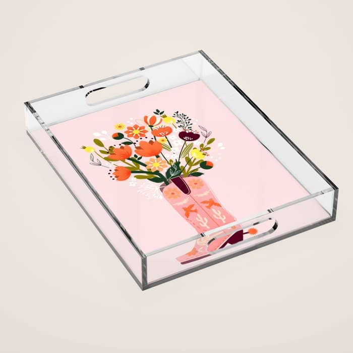 Pink Cowboy Boot And Wild Flower Bouquet Acrylic Tray