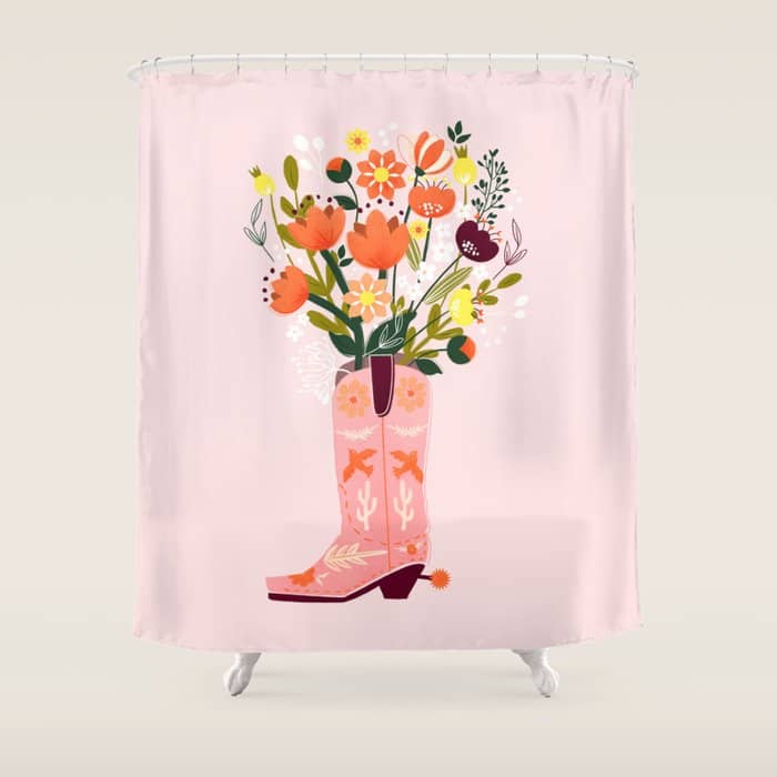 Pink Cowboy Boot And Wild Flower Bouquet Shower Curtain