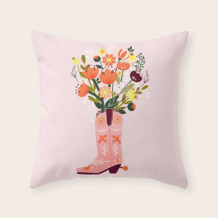 Pink Cowboy Boot And Wild Flower Bouquet Throw Pillow