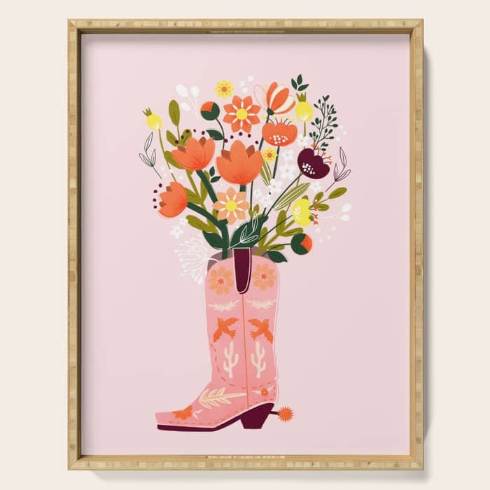 Pink Cowboy Boot And Wild Flower Bouquet Serving Tray