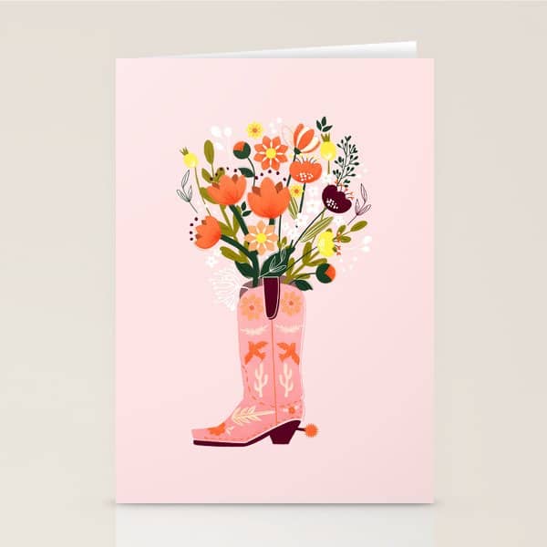 Pink Cowboy Boot And Wild Flower Bouquet Stationery Card