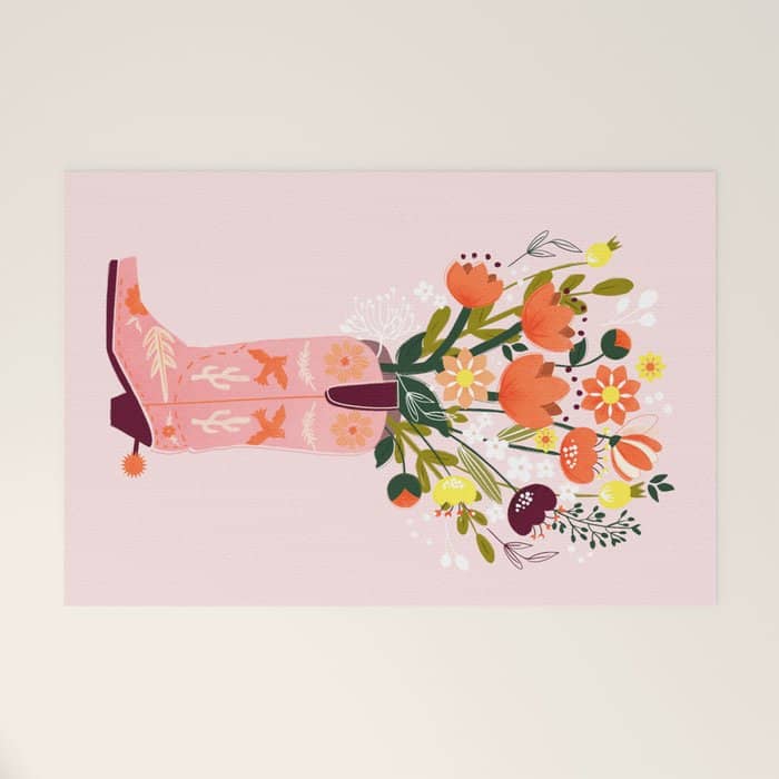Pink Cowboy Boot And Wild Flower Bouquet Welcome Mat