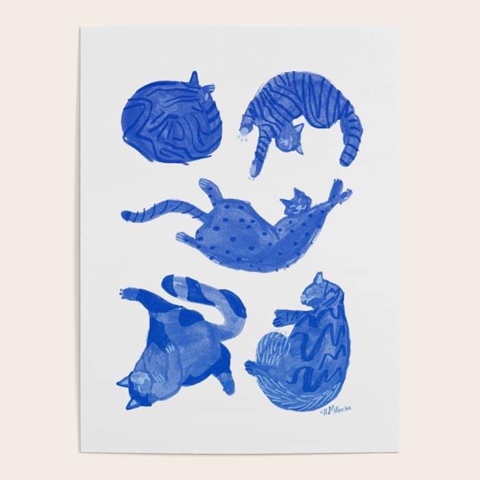 Sleepy Cozy Kitty Cats In Royal Blue & White Poster