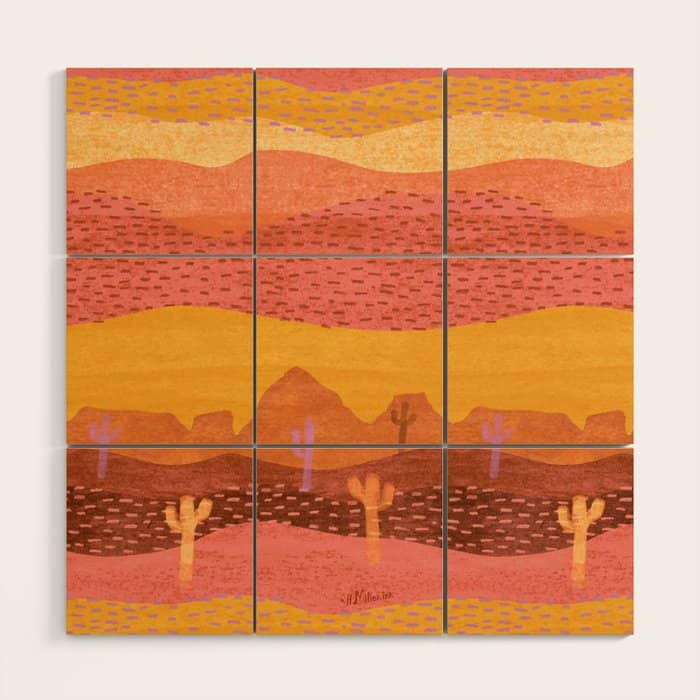 Vintage Western Desert Landscape In Golden Sunrise & Peach Wood Wall Art