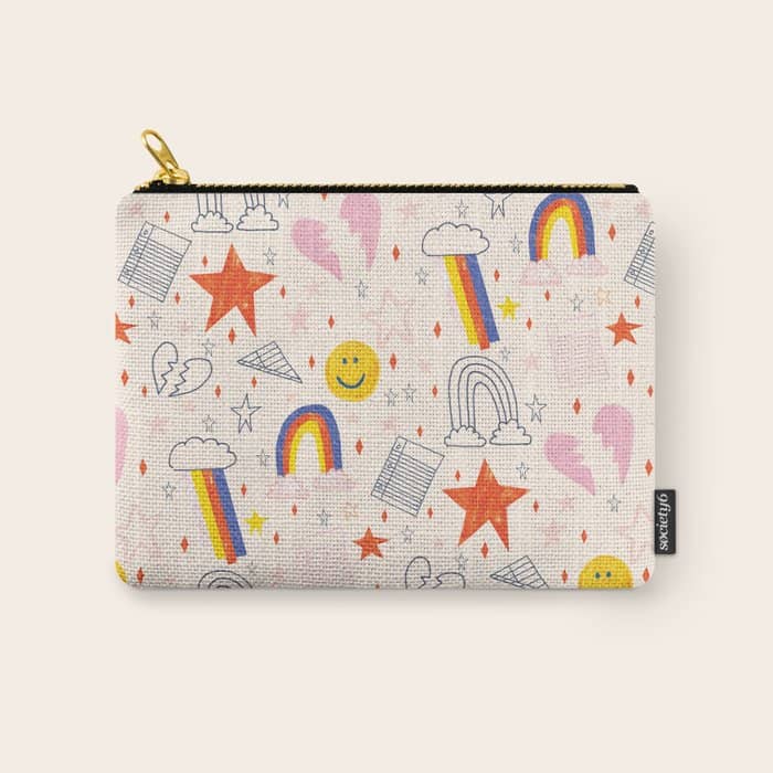 Happy Smiley Face & Retro Rainbows In Dusty Pink Carry All Pouch
