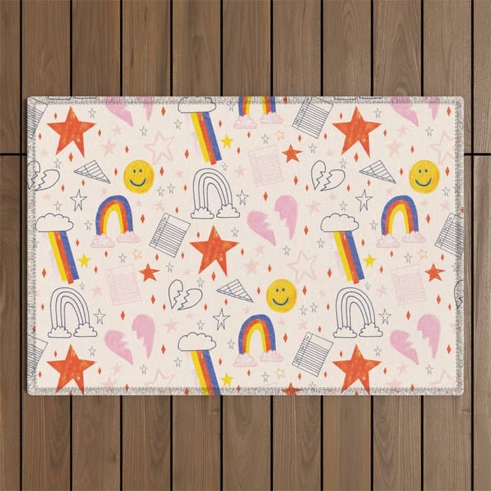 Happy Smiley Face & Retro Rainbows In Dusty Pink Outdoor Rug