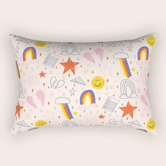 Happy Smiley Face & Retro Rainbows In Dusty Pink Rectangular Pillow
