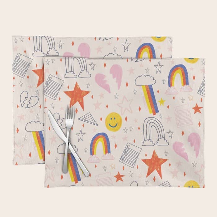 Happy Smiley Face & Retro Rainbows In Dusty Pink Placemat