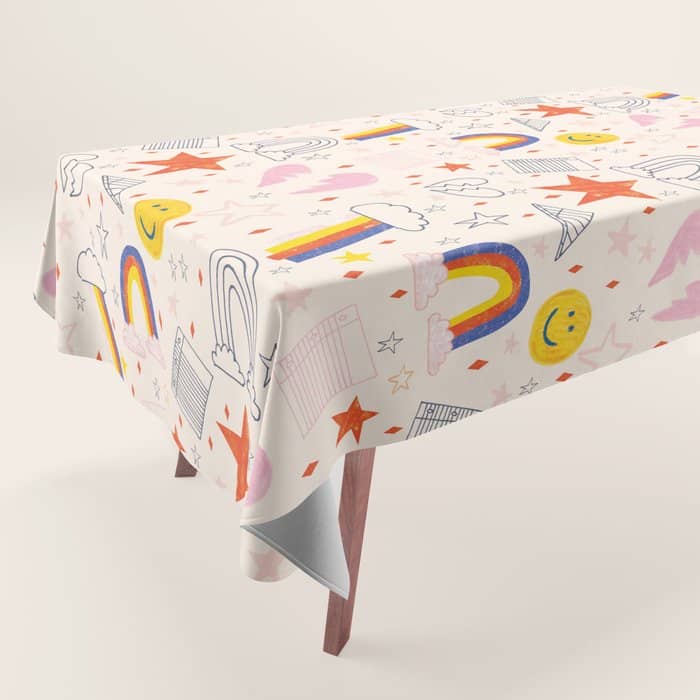 Happy Smiley Face & Retro Rainbows In Dusty Pink Tablecloth