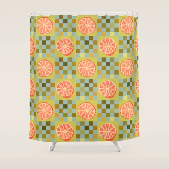 Checkered Citrus Fruit In Sage & Orange Shower Curtain