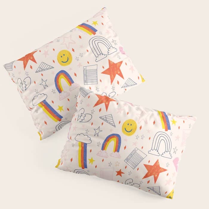 Happy Smiley Face & Retro Rainbows In Dusty Pink Pillow Sham