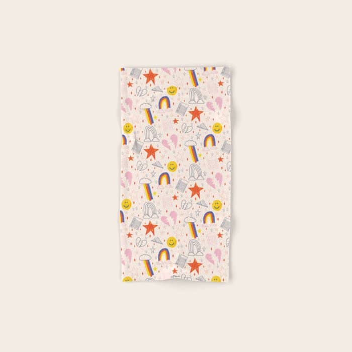 Happy Smiley Face & Retro Rainbows In Dusty Pink Bath Towel
