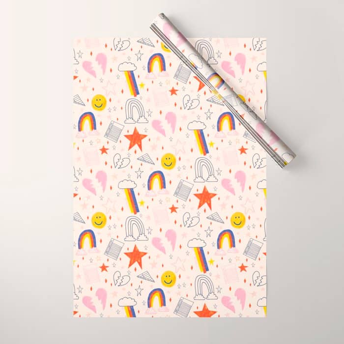 Happy Smiley Face & Retro Rainbows In Dusty Pink Wrapping Paper