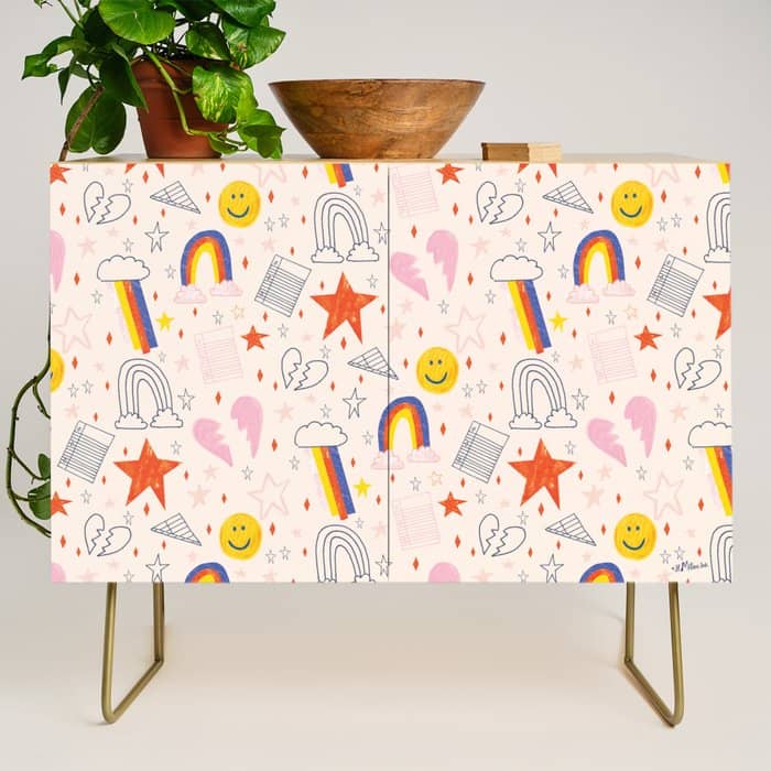 Happy Smiley Face & Retro Rainbows In Dusty Pink Credenza