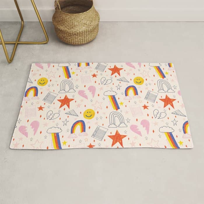 Happy Smiley Face & Retro Rainbows In Dusty Pink Rug