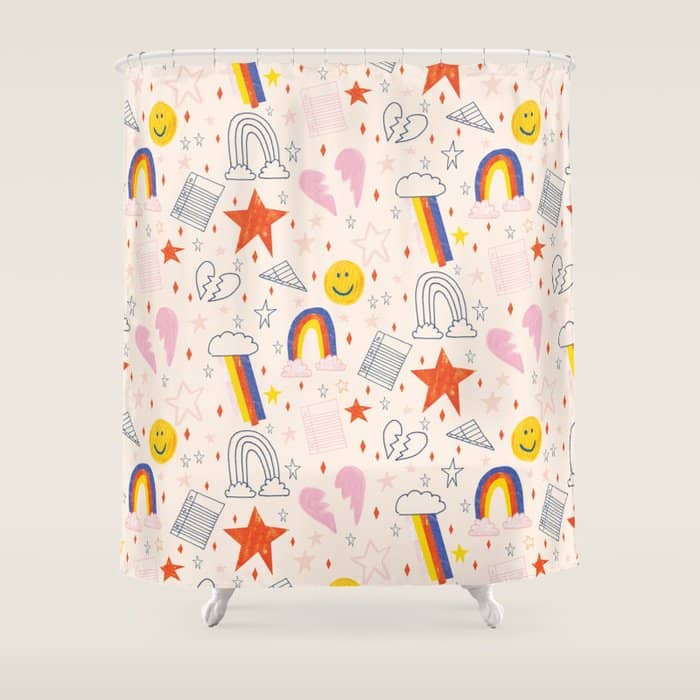 Happy Smiley Face & Retro Rainbows In Dusty Pink Shower Curtain
