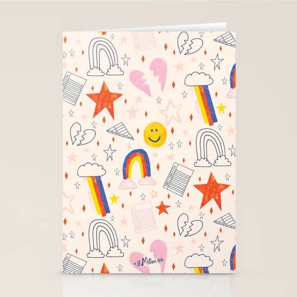 Happy Smiley Face & Retro Rainbows In Dusty Pink Stationery Card